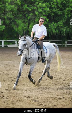 Jockey dans les lunettes, chemise blanche monte à cheval sur l'hippodrome, focus sur le cheval Banque D'Images