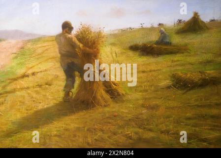 Récolte de blé par Federico Rossano (1835-1912), pastel sur papier Banque D'Images