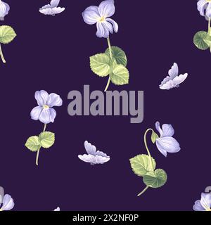 Fleurs Violet Seamless Pattern fond sombre. Couverture de jardin aquarelle. Illustration dessinée à la main Spring Blossom. Meadow Wild Viola. Botanical templat Banque D'Images