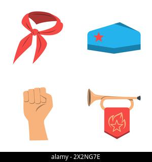 Symboles URSS icône plate définie. Cravate et trompette Pioneer, casquette de garnison soviétique. Illustration vectorielle. Illustration de Vecteur