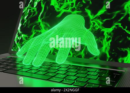 Main humaine verte maillée brillante s'étendant d'un écran noir d'ordinateur portable au clavier avec fond abstrait. Sécurité Internet et escroqueries en ligne Banque D'Images