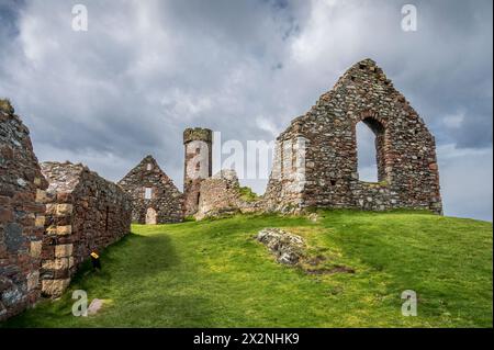 L'image est du château historique de Peel et de l'abbaye sur la côte ouest de l'île de Man, vu ici en regardant vers la tour défensive du château. Banque D'Images