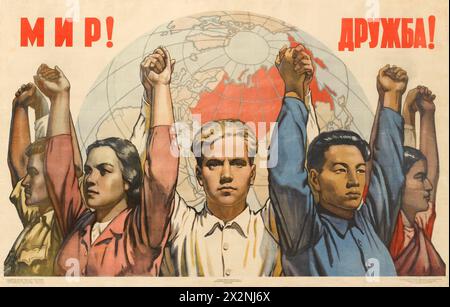Affiche russe vintage propagande soviétique - paix mondiale et amitié internationale, V. Ivanov 1953 - affiche communiste Banque D'Images