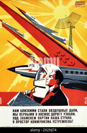 CCCP - URSS - affiche de propagande soviétique vintage vers l'expansion du communisme cosmonaute - affiche de course spatiale des années 1960 - oeuvre de A. Lemeshchenko Banque D'Images