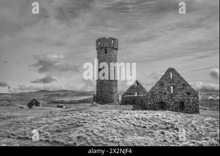 Image pittoresque dans le parc de l'historique château et abbaye de Peel sur la côte ouest de l'île de Man, vu ici avec la tour défensive du château Banque D'Images