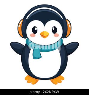 Waddle Wobble Wobble Warm : adorable Earmuffed Penguin, parfait pour les livres pour enfants cartes invitations logos Web Design T-shirts cartes de voeux Papeterie Illustration de Vecteur