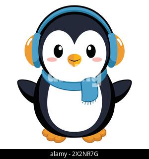 Waddle Wobble Wobble Warm : adorable Earmuffed Penguin, parfait pour les livres pour enfants cartes invitations logos Web Design T-shirts cartes de voeux Papeterie Illustration de Vecteur