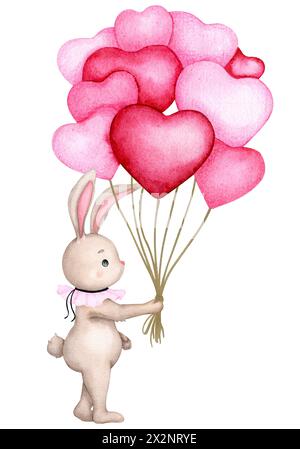 Joli lapin avec un tas de ballons en forme de coeur. Aquarelle dessinée à la main. Baby shower, fête des mères, anniversaire, Saint Valentin. Clipart pour impression, invi Banque D'Images