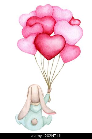 Joli lapin avec un tas de ballons en forme de coeur. Aquarelle dessinée à la main. Baby shower, fête des mères, anniversaire, Saint Valentin. Clipart pour impression, invi Banque D'Images