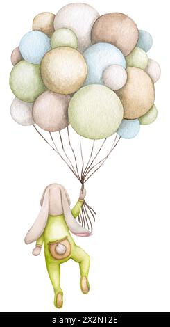 Lapin mignon volant sur un tas de ballons à air. Illustration pour enfants. Aquarelle dessinée à la main. Douche de bébé, anniversaire, fête d'enfants. Clipart pour PRI Banque D'Images