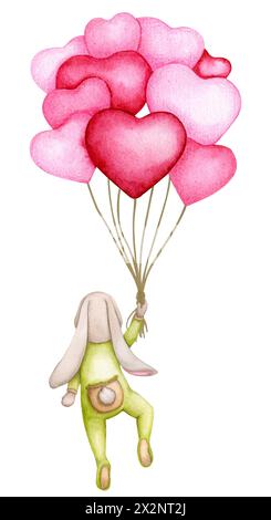 Joli lapin vole sur un tas de ballons en forme de coeur. Aquarelle dessinée à la main. Baby shower, fête des mères, anniversaire, Saint Valentin. Clipart pour impression, Banque D'Images