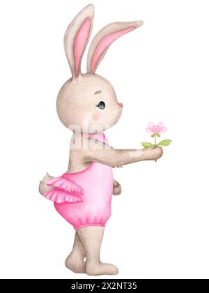 Fille lapin mignon avec une fleur. Illustration pour enfants. Aquarelle dessinée à la main. Douche de bébé, anniversaire, fête d'enfants. Clipart pour impression, invitation, Banque D'Images