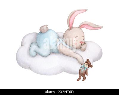 Bébé lapin dormant sur un nuage avec un jouet ours en peluche.. Illustration pour enfants. Aquarelle dessinée à la main. Douche de bébé, anniversaire, fête d'enfants. Clipar Banque D'Images