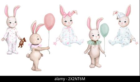 Ensemble de petits lapins mignons. Illustration pour enfants. Aquarelle dessinée à la main. Douche de bébé, anniversaire, fête d'enfants. Clipart pour impression, invitation, post Banque D'Images