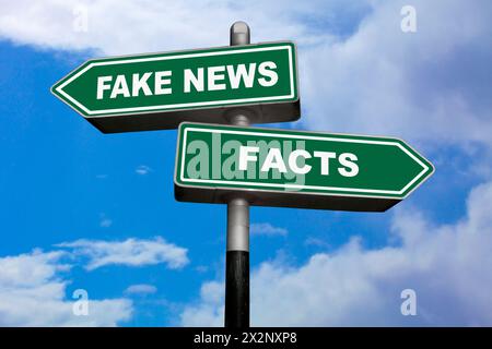 Deux panneaux de direction, l'un pointant vers la gauche (Fake News) et l'autre pointant vers la droite (faits). Banque D'Images