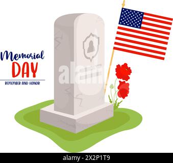 Memorial Day. Pierre tombale en pierre avec drapeau américain et fleurs de coquelicot rouge. Cimetière militaire des vétérans. Illustration vectorielle pour la conception nationale Trad Illustration de Vecteur