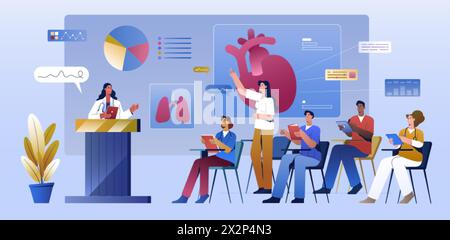 Cours de formation médicale ou de formation des médecins en clinique. Conférence scientifique pour professionnels de santé. Étudiants de collège écoutant professeur. Séminaire des médecins sur les poumons ou les maladies cardiaques Illustration de Vecteur