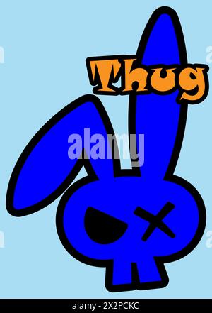 Un lapin de voyou, lapin, lapin de style bande dessinée avec un regard maléfique, illustration de lapin, le mot voyou, couleurs bleu et orange, signe et étiquette cool Banque D'Images
