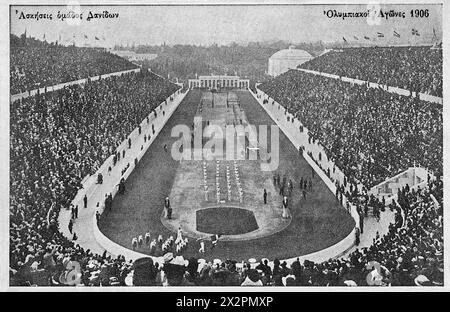 Journée d'ouverture des Jeux, 22 avril 1906 - carte postale publiée à l'occasion des Jeux Olympiques de 1906 à Athènes, Grèce Banque D'Images