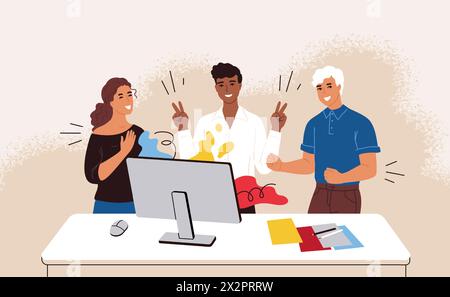 Travail d'équipe. Bon travail d'équipe. Communication avec les collègues. Des gens travaillant ensemble au bureau. Groupe de jeunes réussis à l'ordinateur. Coopération des travailleurs. Personnel de l'entreprise. Personnages de dessins animés vectoriels Illustration de Vecteur
