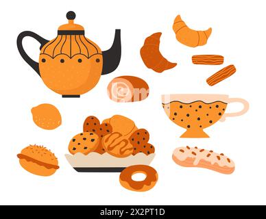 Boire du thé. Boissons chaudes et desserts pâtissiers. Théière en céramique et tasse avec soucoupe. ECLAIR doux et croissant. Mugs en porcelaine. Bol à biscuits. Ustensile de cuisine. Délicieux biscuits. Set de vaisselle vectorielle Illustration de Vecteur
