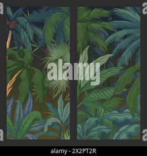 Fonds de palmiers. Toile de fond verticale pour bannière ou flyer. Eléments botaniques tropicaux. Banane noix de coco et feuilles de palmiers monstera. Botanique naturelle, feuillage isolé de la jungle. Jeu d'illustrations vectorielles Illustration de Vecteur