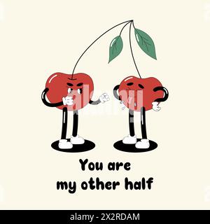 Illustration de dessin animé Groovy. Deux cerises sur la même branche, l'une sortant sa langue, l'autre allant se battre. Tu es mon autre moitié. Illustration de Vecteur
