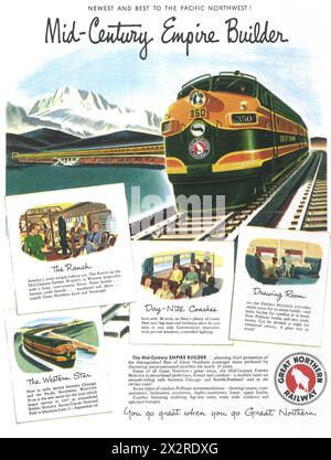 1951 Great Northern Railway annonce - train de voyageurs Empire Builder du milieu du siècle Banque D'Images