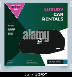 Ensemble de conception de modèle de publication de médias sociaux pour la location de voiture ou les services automobiles. Bannière promotionnelle moderne avec place pour la photo.utilisable pour les médias sociaux Illustration de Vecteur