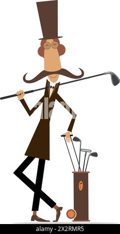 Drôle d'homme moustache longue joue au golf. Terrain de golf. Dessin animé long moustache gentleman dans le chapeau haut de gamme avec club de golf et sac de golf. Isolé sur blanc Illustration de Vecteur