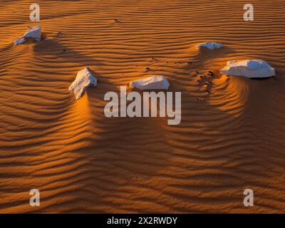Formations rocheuses calcaires sur sable dans le désert du Sahara au coucher du soleil, Egypte Banque D'Images