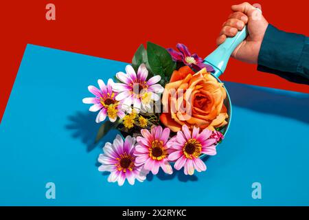Main de l'homme tenant la poêle à frire avec des fleurs colorées sur fond coloré Banque D'Images