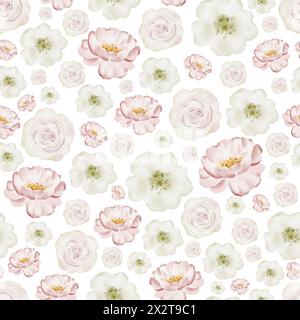 Motif sans couture de fleur délicate. Pivoines de plantes aquarelles de mariage, roses aux couleurs pastel. Ornement élégant fleuri rose. Banque D'Images