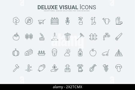 Outils des agriculteurs, engrais écologique, grange et serre pour prendre soin et cultiver des plantes agricoles minces symboles de contour noir et rouge, illustration vectorielle. Ensemble d'icônes d'équipement de jardin agricole et de ligne de récolte. Illustration de Vecteur