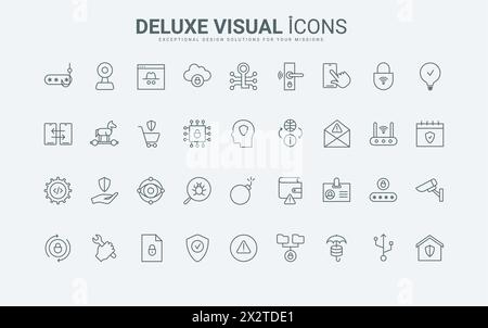 Décrire les symboles de cybersécurité, la protection du serveur ou du téléphone contre la fraude et le phishing, les attaques de virus et le spam, la sécurité des données. Cyber-sécurité fines icônes de ligne noire et rouge définir l'illustration vectorielle. Illustration de Vecteur