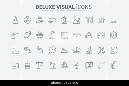 Décrire les symboles de la technologie de fabrication dans l'usine et les robots, la production d'énergie et d'énergie, l'équipement de sécurité pour le travailleur. Fête du travail dans l'industrie les icônes de lignes noires et rouges fines définissent l'illustration vectorielle Illustration de Vecteur