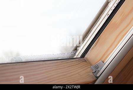 Gros plan de la condensation sur la fenêtre velux dans une maison, des gouttes d'eau et de l'humidité élevée Banque D'Images