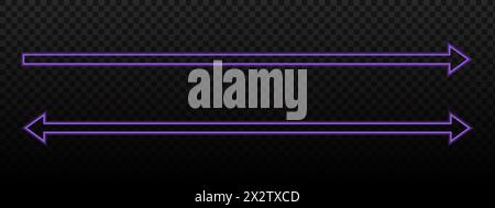 Longue flèche droite au néon et signes de double flèche. Panneau lumineux violet de direction ou de position et pointeur à deux côtés avec bordures floues douces. Illustration vectorielle. Illustration de Vecteur