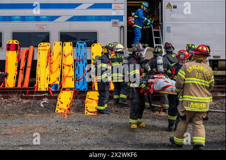 Les victimes présumées sont retirées d'un train du LIRR (long Island Rail Road) lors d'un exercice d'incident impliquant de nombreuses victimes qui s'est tenu à Amagansett, NY, le 21 avril 2024. L'exercice a été organisé par le Service d'incendie d'Amagansett, en collaboration avec l'East Hampton Town Chiefs Association, l'hôpital Stony Brook Southampton et le MTA/LIRR. Banque D'Images