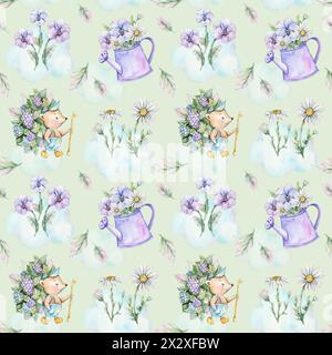 Modèle sans couture avec hérisson aquarelle, pots d'arrosage et fleurs Banque D'Images