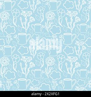 Modèle sans couture avec des fleurs vectorielles blanches et des pots d'arrosage Banque D'Images