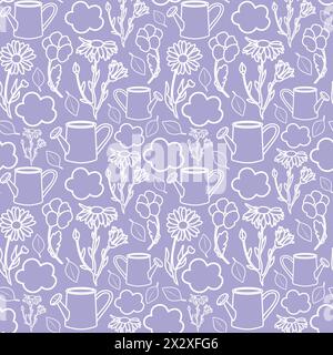Modèle sans couture avec des fleurs vectorielles blanches et des pots d'arrosage Banque D'Images