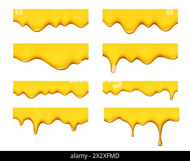 Le miel jaune doux goutte à goutte et fond. Bordures vectorielles 3D réalistes isolées définies avec des gouttes et des écoulements d'huile ou de sirop liquide. Gouttes de miel jaune pur ou de sauce, caramel fondu, dessert ou taches de lubrifiant Illustration de Vecteur