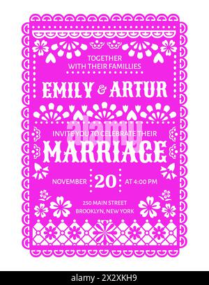 Invitation de mariage , papier picado mexicain papier coupé bannière. Modèle de carte d'invitation coloré fuchsia vecteur avec motif floral traditionnel, dans le style de l'esprit festif du Mexique, de la joie, de l'amour et de la célébration Illustration de Vecteur