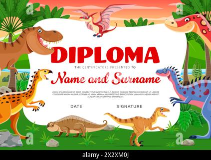 Diplôme pour enfants avec personnages de reptiles dinosaures drôles de dessins animés, certificat d'éducation vectorielle. Mignon dinosaure jurassique avec dinosaure T-rex et ptérodactyl pour diplôme ou certificat d'atelier de maternelle Illustration de Vecteur