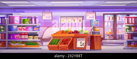 Intérieur de supermarché avec des produits dans le réfrigérateur et sur les étagères, légumes sur les étagères, balances pour peser la nourriture. Illustration vectorielle de dessin animé de l'hypermarché d'épicerie à l'intérieur avec des équipements et des marchandises. Illustration de Vecteur