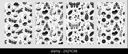 Modèle néo folklorique sans couture avec papillon, papillon de nuit et fleurs, design floral noir et blanc. Définissez des arrière-plans sans fin de style néo folk parfaits pour le textile Illustration de Vecteur