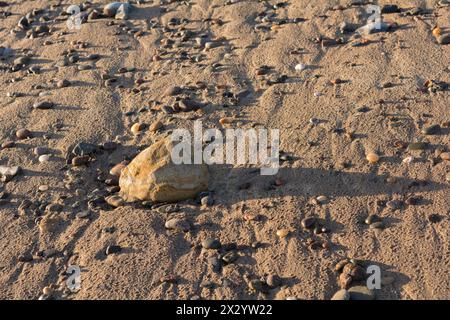 Galets sur la plage de sable avec des ombres d'un soleil bas Banque D'Images