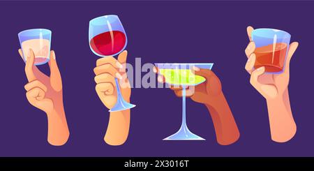 Verres avec des cocktails d'alcool dans les mains humaines. Bras masculins et féminins tenant la verrerie avec shot et boissons longues pour le concept de fête et de célébration. Ensemble d'illustration vectorielle de dessin animé de boisson festive. Illustration de Vecteur