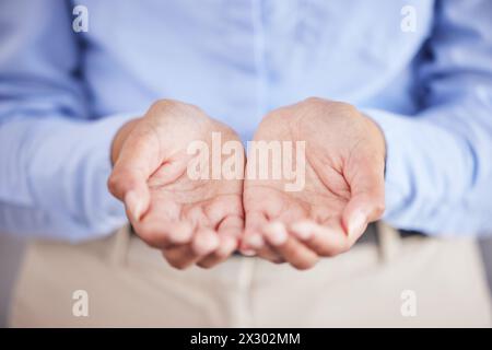 Homme d'affaires, palmiers et charité dans le bureau avec question de don et demander de l'aide. Assurance, travailleur et espoir de professionnel avec les mains ouvertes Banque D'Images